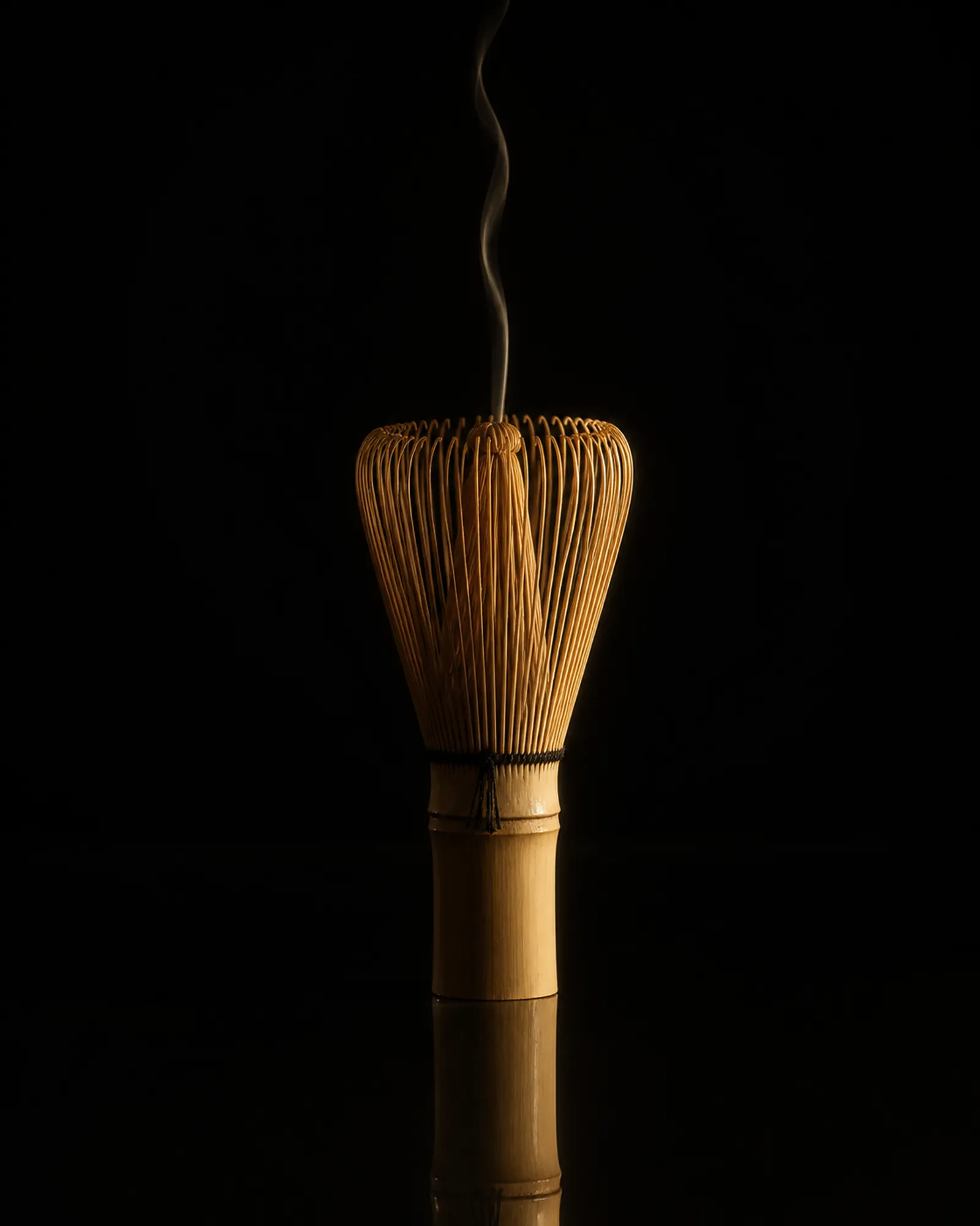 茶筅静物：黑漆器上的竹茶筅，一缕蒸汽